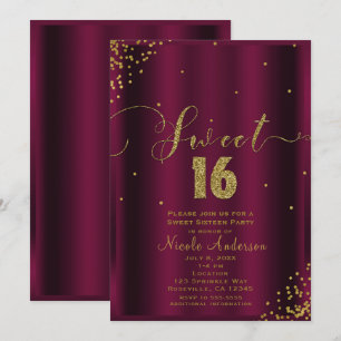 SWEET 16 Sechzehn Burgund & Gold Confetti Ecken Einladung
