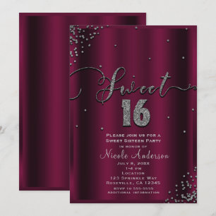 SWEET 16 Sechzehn Burgund Silber Konfetti Ecken Einladung