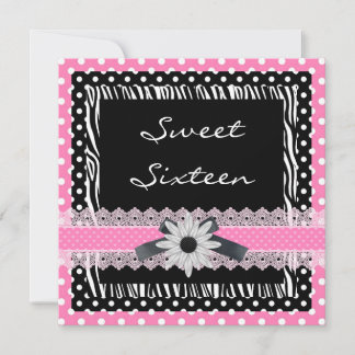 Sweet 16 Sechzehn Geburtstag Schwarz-weiß Pink Zeb Einladung