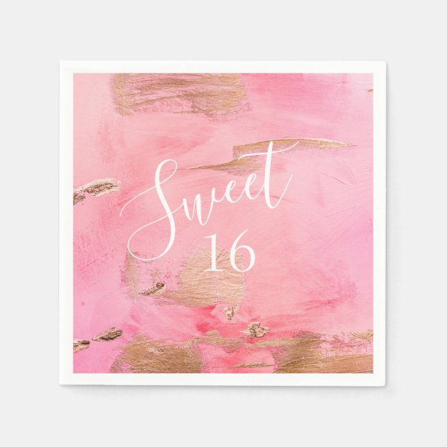 Sweet 16 Sechzehn Gold Pink Abstrakt Wasserfarbe Serviette (Vorderseite)