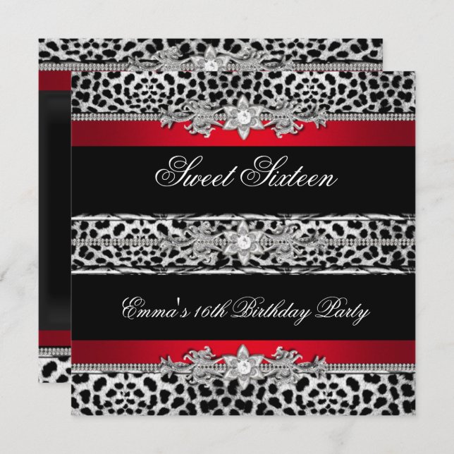 Sweet 16 Sechzehn Leopard Red Black Diamond Einladung (Vorne/Hinten)