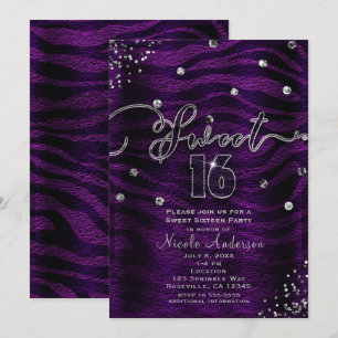 SWEET 16 Sechzehn Lila Zebra & Silber Glanz Einladung