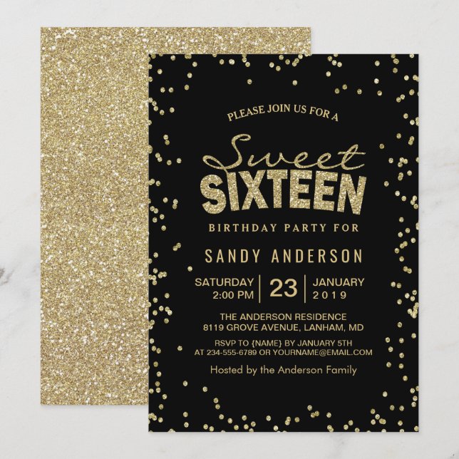 Sweet 16 Sechzehn Party | Trendy Gold Glitzer Dots Einladung (Vorne/Hinten)