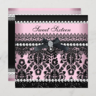Sweet 16 Sechzehn Pink Black Pearl Lace Damask Einladung