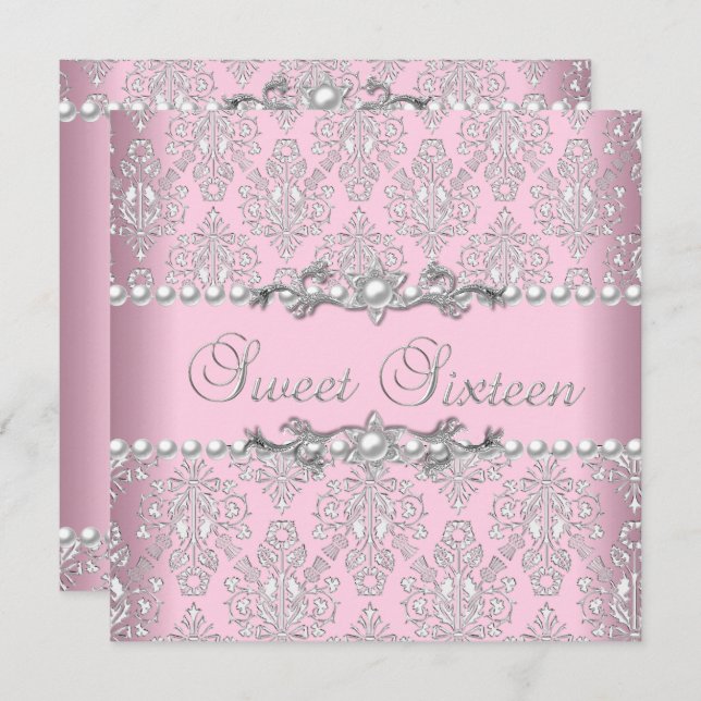Sweet 16 Sechzehn Pink Silver White Pearl Lace Einladung (Vorne/Hinten)
