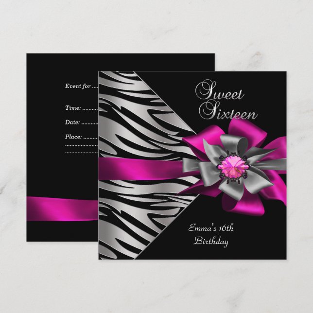 Sweet 16 Sechzehn Pink Silver Zebra Black Gray Bow Einladung (Vorne/Hinten)