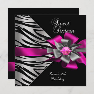 Sweet 16 Sechzehn Pink Silver Zebra Black Gray Bow Einladung