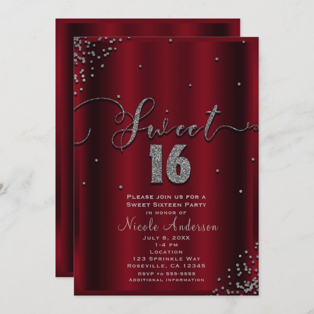 SWEET 16 Sechzehn Red & Silver Confetti Ecken Einladung (Vorne/Hinten)