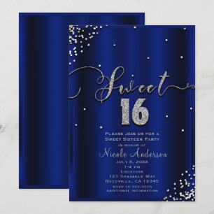 SWEET 16 Sechzehn Royal Blau Silber Konfetti Ecke Einladung