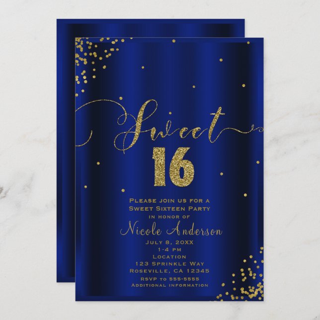 SWEET 16 Sechzehn Royal Blue Gold Confetti Corners Einladung (Vorne/Hinten)