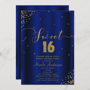 SWEET 16 Sechzehn Royal Blue Gold Confetti Ecken Einladung