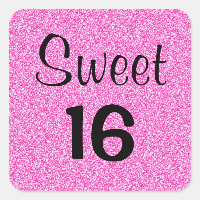 Sweet 16 Sechzehn Schwarz & Heiß Rosa Glitzer Spar Quadratischer Aufkleber (Vorderseite)