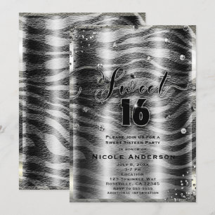SWEET 16 Sechzehn Schwarz Weiß Zebra & Silber Blin Einladung