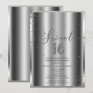 SWEET 16 Sechzehn Silber Glam Konfetti Ecken Einladung