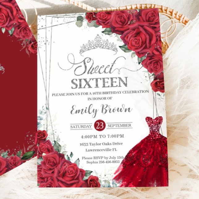 Sweet 16 Sechzehn Silber Rote Rosen Blumenkleid Einladung (Von Creator hochgeladen)