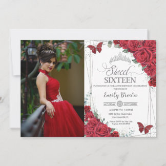 Sweet 16 Sechzehn Silberschmetterlinge Rote Rose F Einladung