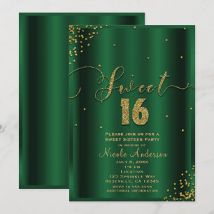SWEET 16 Sechzehn Smaragd- und Gold-Konfetti-Ecken Einladung