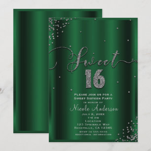 SWEET 16 Sechzehn Smaragd- und Silber-Konfetti-Eck Einladung