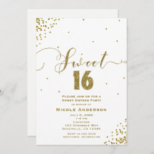 SWEET 16 Sechzehn White & Gold Confetti Ecken Einladung