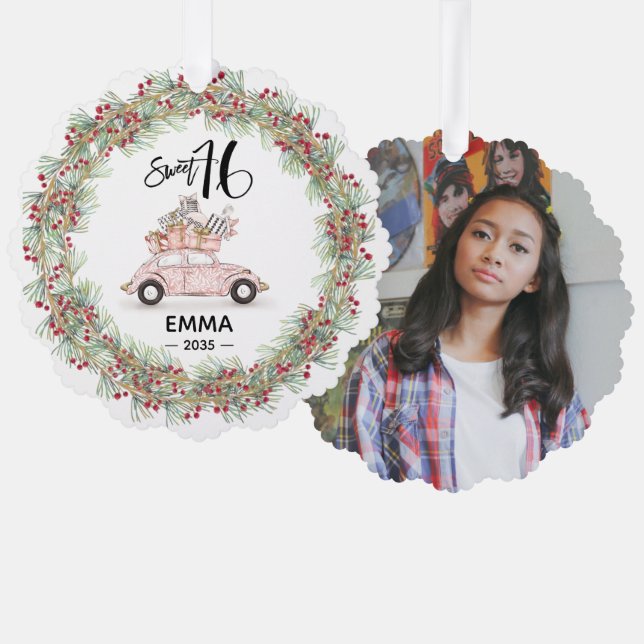 Sweet 16 Signature Script Car Photo Greenery Ornament Karte (Vorderseite/Rückseite)