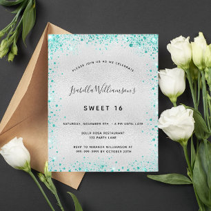 Sweet 16 Silber aquamarin Glitzer Einladung