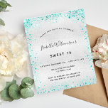 Sweet 16 Silber aquamarin Glitzer Einladung Flyer<br><div class="desc">Bitte beachten Sie, dass diese Einladung auf Flyer Papier und sehr dünn ist. Umschläge sind nicht enthalten. Für dickere Einladungen (gleiche Gestaltung) besuchen Sie bitte unseren Shop. Für einen eleganten Sweet 16, 16. Geburtstag. Ein Imitat silber metallisch aussehender Hintergrund. Dekoriert mit aquamarinen Imitaten Glitzer Staub. Personalisieren und fügen Sie Namen,...</div>