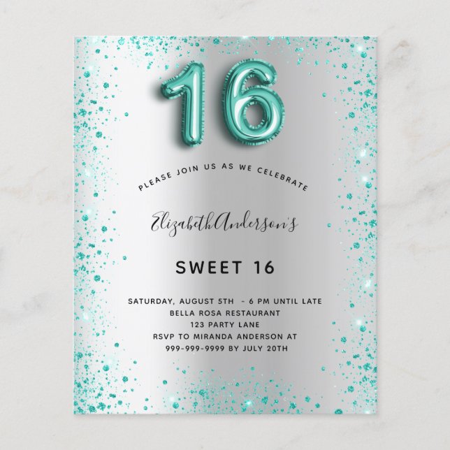 Sweet 16 Silber aquamarin Glitzer Einladung Flyer (Vorne)