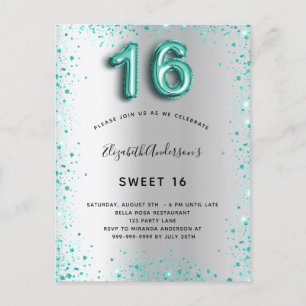 Sweet 16 silber aquamariner Glitzer Elegante Einla Postkarte