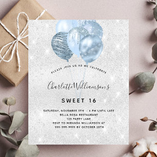 Sweet 16 Silber Blau Glitter Budget Einladung Flyer