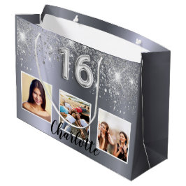 Sweet 16 silber Glitzer Foto Große Geschenktüte
