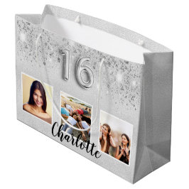 Sweet 16 silber Glitzer Foto Name chic Große Geschenktüte