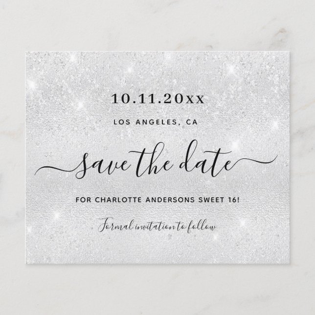 Sweet 16 Silber Glitzer Haushalt Save the Date Flyer (Vorne)