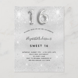 Sweet 16 silber Glitzer Staubglasur Einladungspostkarte