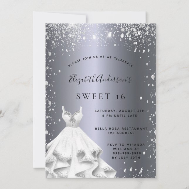 Sweet 16 silber Kleid Glitzer glamourös Einladung (Vorderseite)