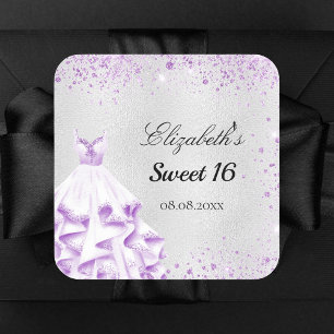 Sweet 16 silber lila Glitzer Staubkleid Name Quadratischer Aufkleber