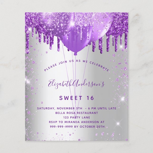Sweet 16 silber lila Haushaltseinladung Flyer (Vorne)