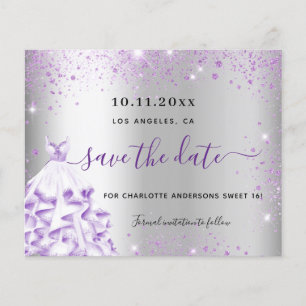 Sweet 16 Silber lila Kleidung Budget Save the Date Flyer