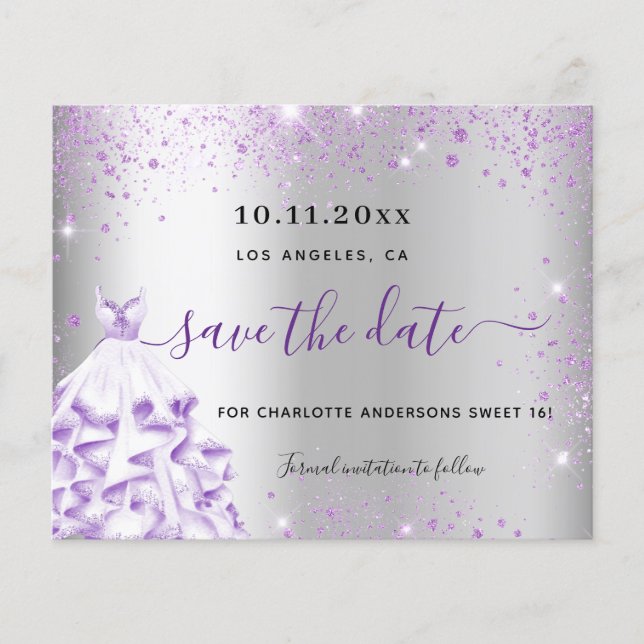 Sweet 16 Silber lila Kleidung Budget Save the Date Flyer (Vorne)