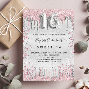 Sweet 16 silber pink Glitzer Tropfen glamourös Einladung