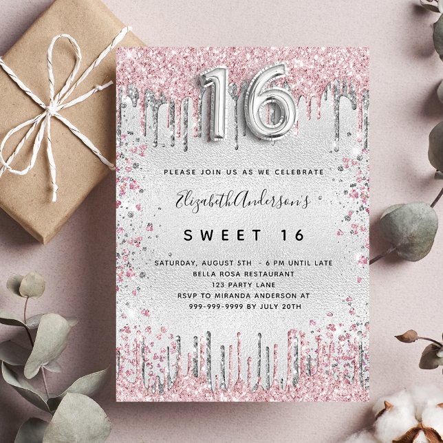 Sweet 16 silber pink Glitzer Tropfen glamourös Einladung (Von Creator hochgeladen)