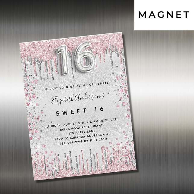 Sweet 16 silber pink Glitzer Tropfen Luxus Magneteinladung (Von Creator hochgeladen)