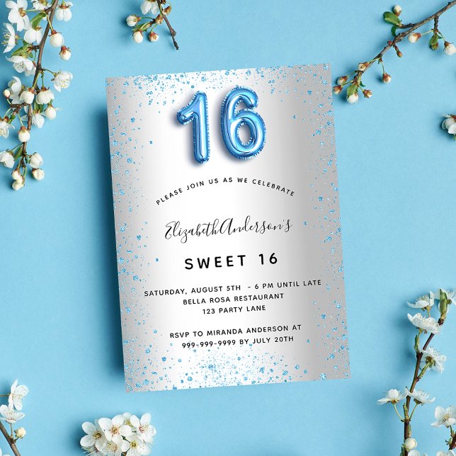 Sweet 16 silberblau Glitzer Luxus Einladung (Von Creator hochgeladen)
