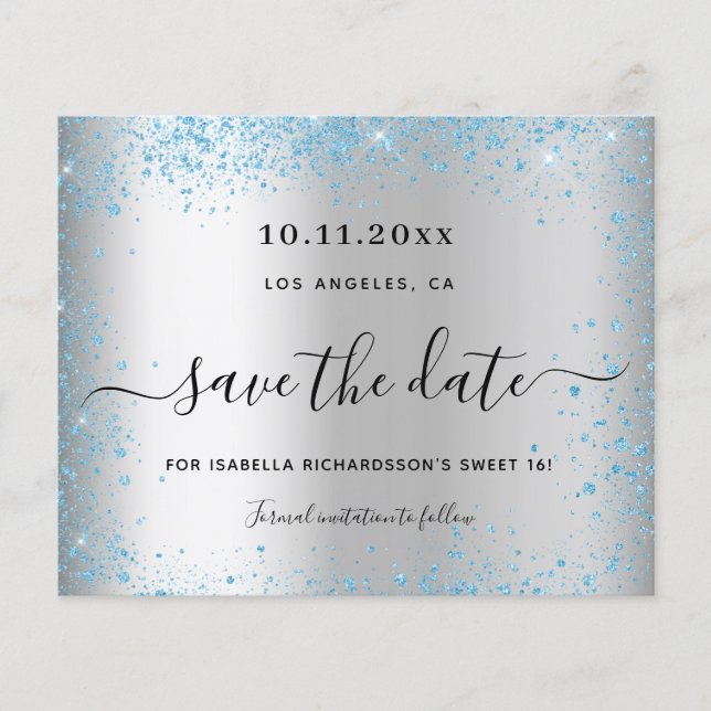 Sweet 16 silberblau Haushalt Save the Date Flyer (Vorne)