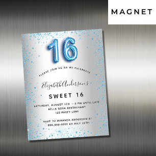 Sweet 16 silberblauer Glitzer Einladungsmagnet Magnetkarte