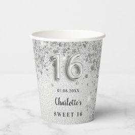 Sweet 16 silberne Glitzer-Monogramm-Bezeichnung Pappbecher