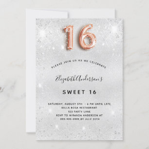 Sweet 16 silberne Rose Gold Glitzern Einladung
