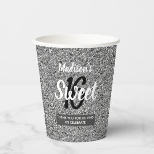 Sweet 16 Silver Black Glitzer Personalisiert Pappbecher