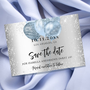 Sweet 16 silver blue balloons sparkles script save the date