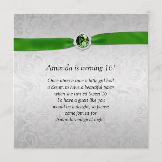 Sweet 16 Silver Emerald Green Ribbon Gemstone Einladung