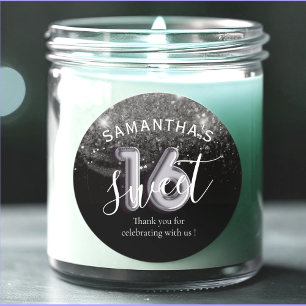 Sweet 16 Silver Glitzer Black & Balloon Number Runder Aufkleber